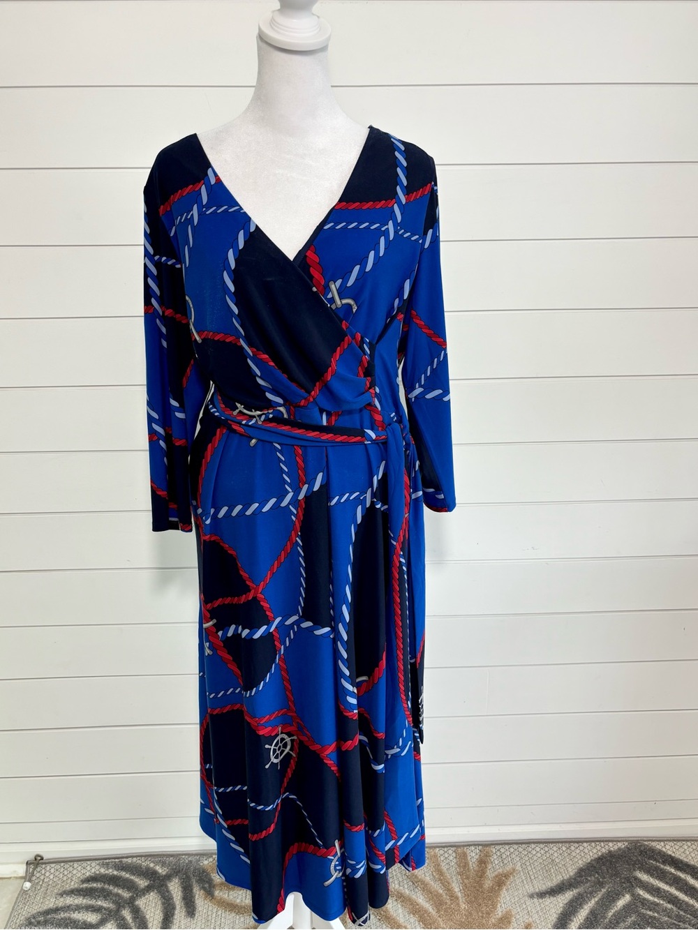 Ralph Lauren Rope-Print Surplice Stretch Jersey Dress Blue and Red Nautical